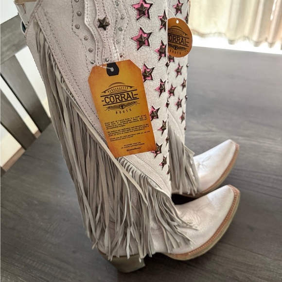 Corral Boots Shoes - Star-Studded White and Pink Fringe Heeled Boots